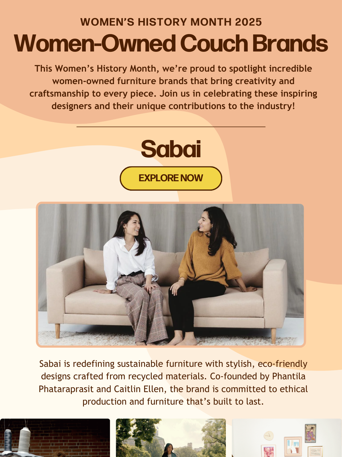 An online advertisement celebrating Women's History Month 2025, highlighting women-owned furniture brands with a focus on Sabai. Includes a photo of two women sitting on a beige sofa, smiling and talking, with a neutral background and additional images at the bottom.