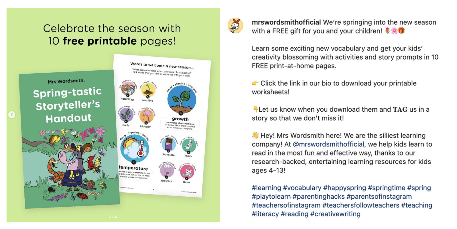 A promotional graphic showing a spring-themed educational resource. The left side displays a flyer advertising 10 free printable pages from Mrs. Wordsmith, including a colorful story handout with illustrations of a witch, animals, and spring elements. The right side contains a social media caption encouraging people to download and tag others in the resource for spring vocabulary and storytelling activities.