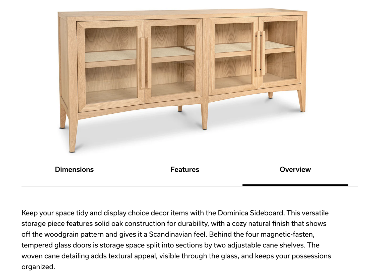 Wooden sideboard with four glass-paneled doors and four adjustable cane shelves inside.