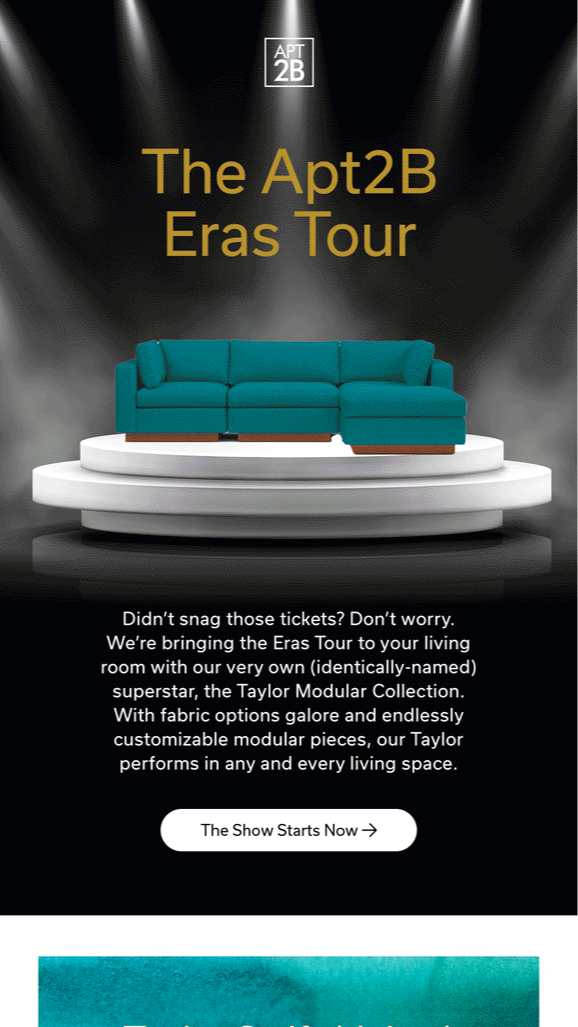 An advertisement for the Apt2B Eras Tour featuring a teal sectional sofa on a white circular stage with spotlight effects and gold text promoting the Taylor Modular Collection.