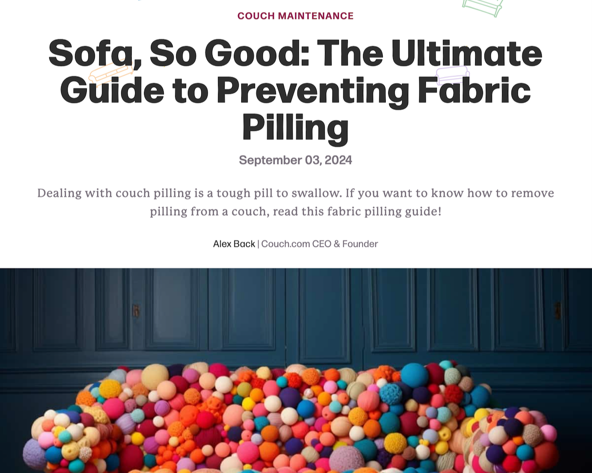 Cover page of a guide titled "Sofa, So Good: The Ultimate Guide to Preventing Fabric Pilling" with a colorful bundle of fabric balls in front of a dark blue wall.