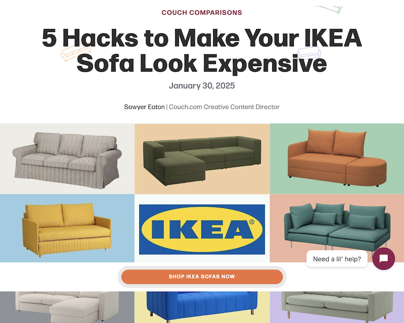 Presentation slide titled '5 Hacks to Make Your IKEA Sofa Look Expensive' dated January 30, 2025, showing six sofas and the IKEA logo in a grid layout, with a button labeled 'Shop IKEA Sofas Now' and a speech bubble with 'Need a lil' help?' in the bottom right corner.