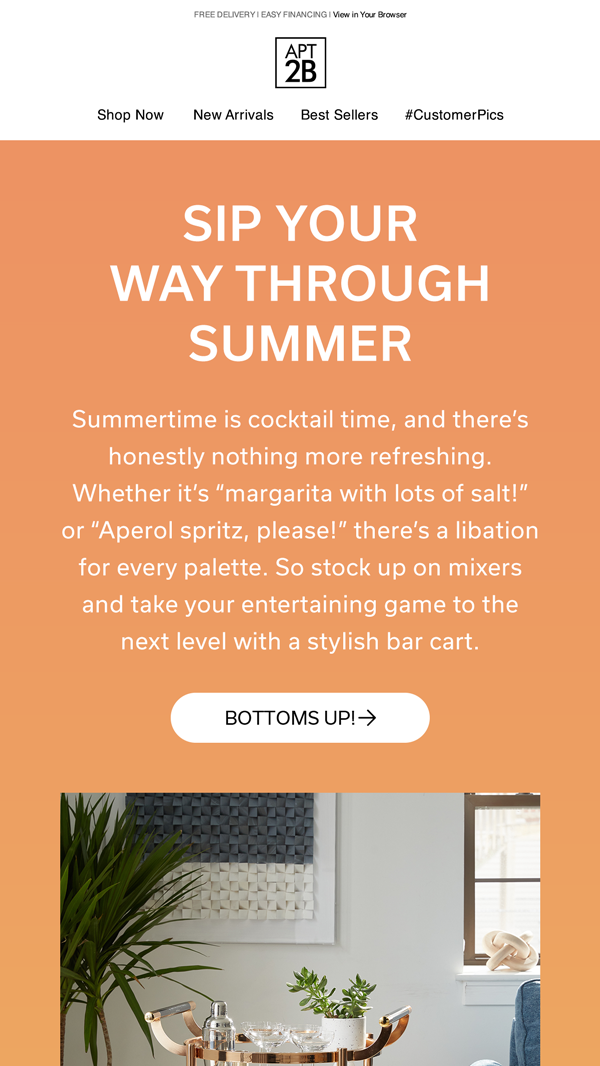An advertisement for a summer-themed drinkware, featuring a call to action to browse bar carts, with a background image of a home interior with a plant, decorative wall art, and a bar cart with glasses and a plant.