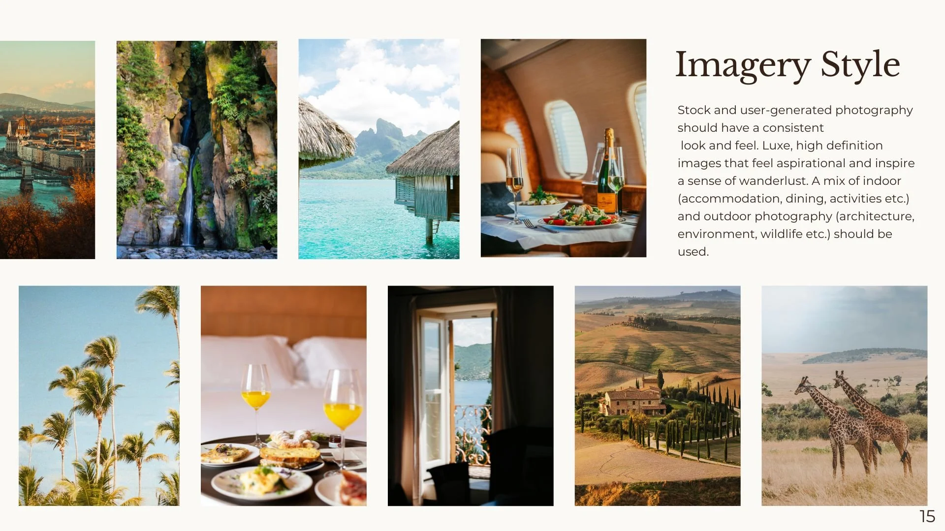 A collage of travel and leisure scenes, including cityscape, waterfalls, overwater bungalow, dining with wine, palm trees, a bedroom, a window view, countryside, and giraffes, with the text 'Imagery Style' and description about stock photography at the top.