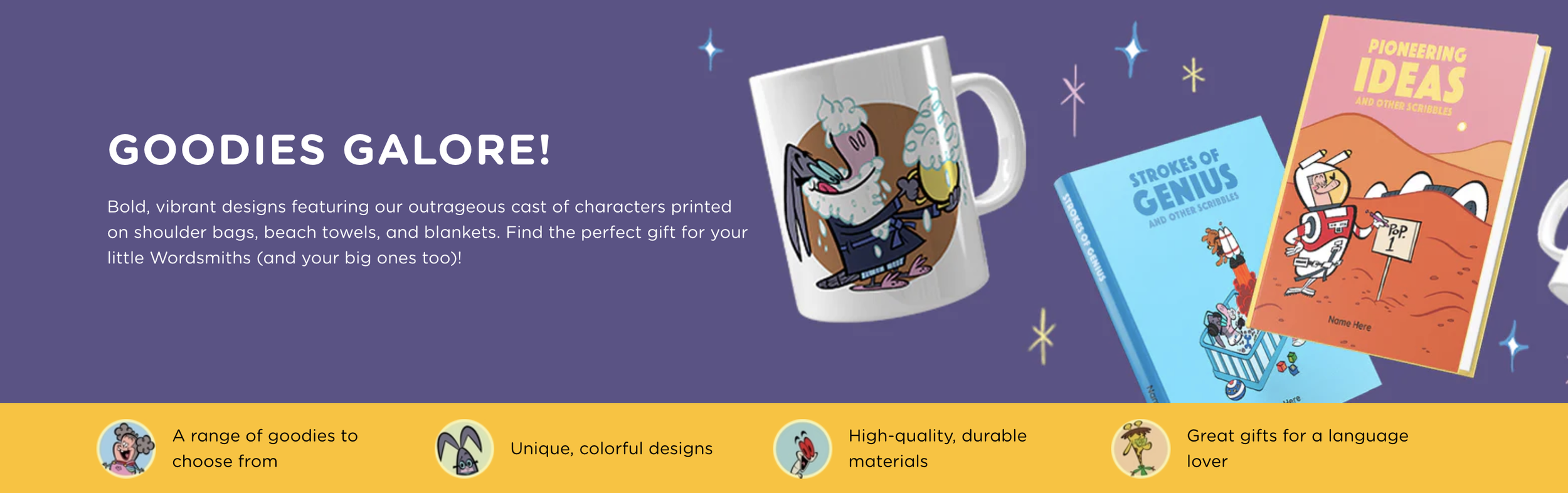 Purple background with a white mug featuring a cartoon character with coffee and cream. Next to the mug, colorful books titled 'Pioneering Ideas' and 'Strokes of Genius'. The yellow footer has icons and text describing the products as colorful, durable, and perfect for language lovers.