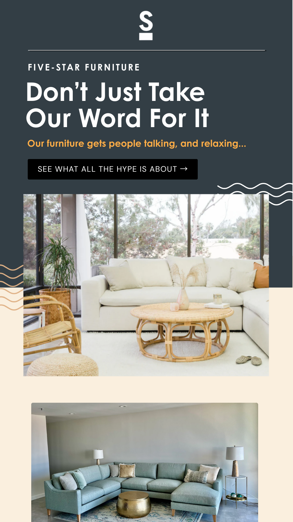 A furniture advertisement featuring a cozy living room with a white sofa, rattan coffee table, and large windows showing trees outside. The ad promotes five-star furniture with a bold headline and call-to-action button.