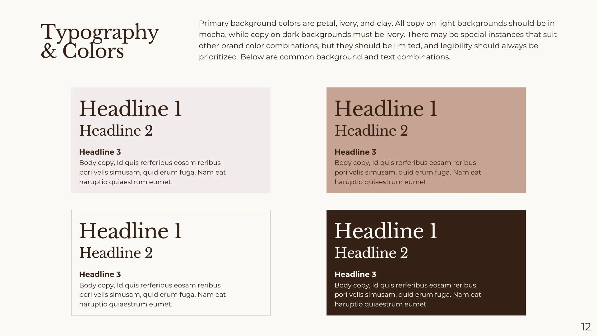 Page from a typography and color guide showing examples of background and text color combinations with light and dark backgrounds, including headlines and body text.
