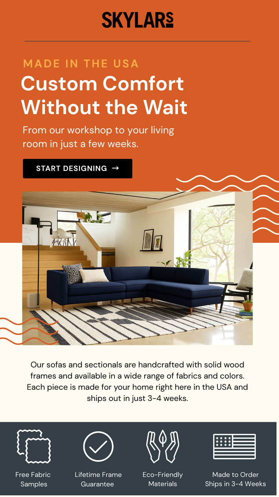 A promotional advertisement for Skylars custom furniture, featuring a modern living room with a navy sectional sofa, a striped rug, and large windows with trees outside. The ad highlights handcrafted sofas made from solid wood, available in various fabrics and colors, with ships in 3-4 weeks, and offers free fabric samples, lifetime guarantees, eco-friendly materials, and made-to-order items.