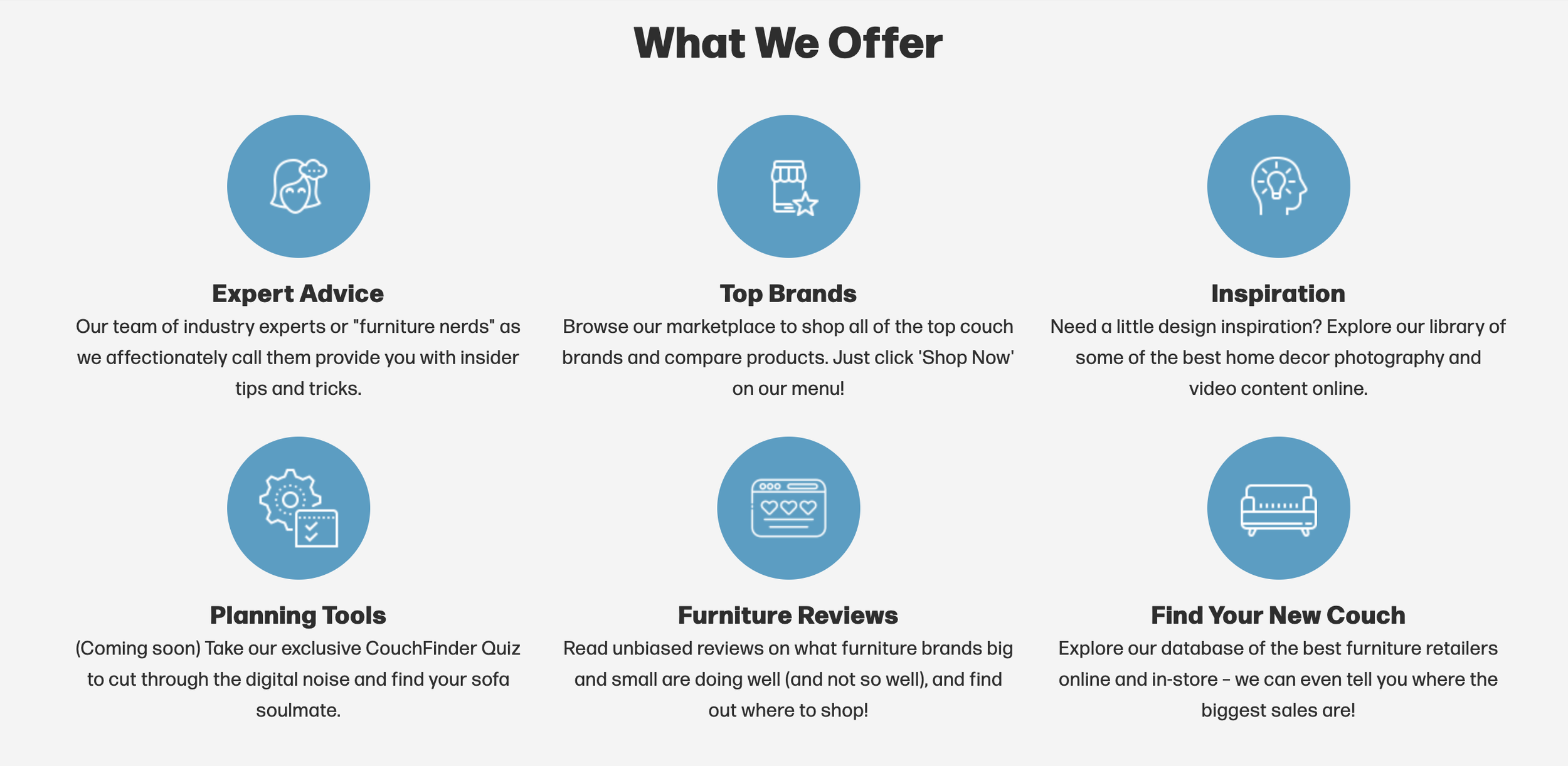 A webpage section titled 'What We Offer' featuring six blue icons with labels and descriptions: Expert Advice, Top Brands, Inspiration, Planning Tools, Furniture Reviews, and Find Your New Couch.