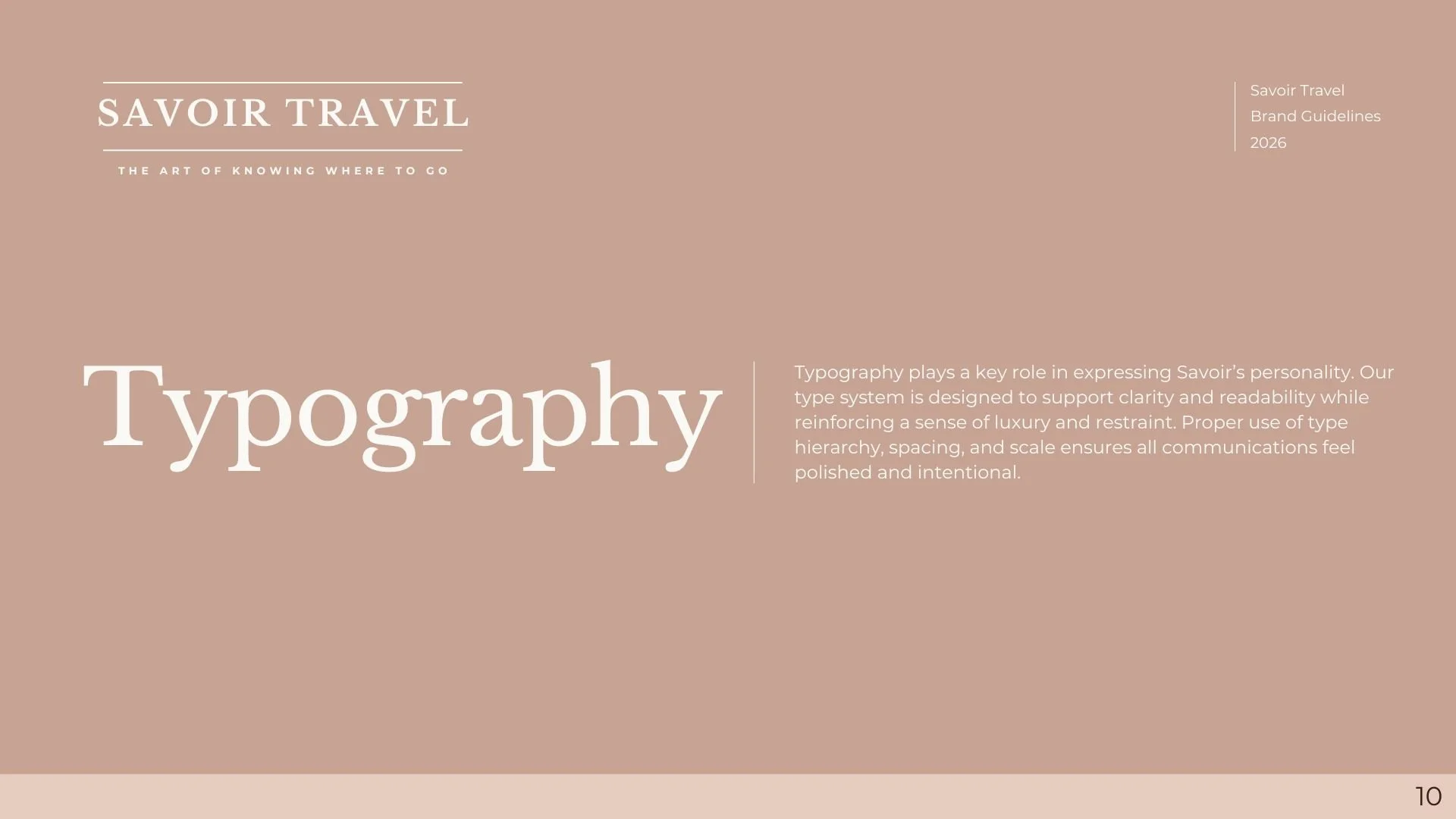 A page from Savoir Travel's brand guidelines discusses typography, emphasizing its role in conveying personality and ensuring clarity, readability, and a sense of luxury and restraint.