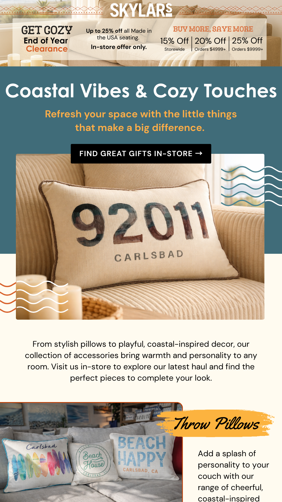 Decorative pillows on a sofa with coastal and beach-themed designs and text, including 'Beach Happy' and 'Beach House,' showcasing cheerful, seaside-inspired decor.