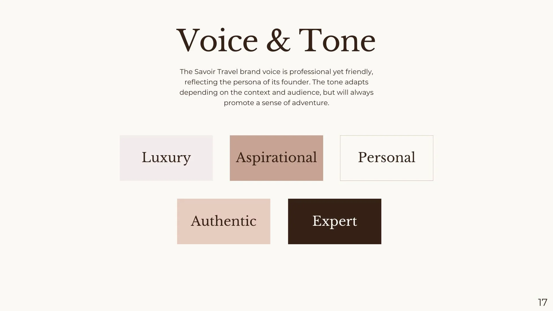 A webpage with the heading 'Voice & Tone' explaining the brand's voice characteristics, and five colored boxes labeled 'Luxury,' 'Aspirational,' 'Personal,' 'Authentic,' and 'Expert'.