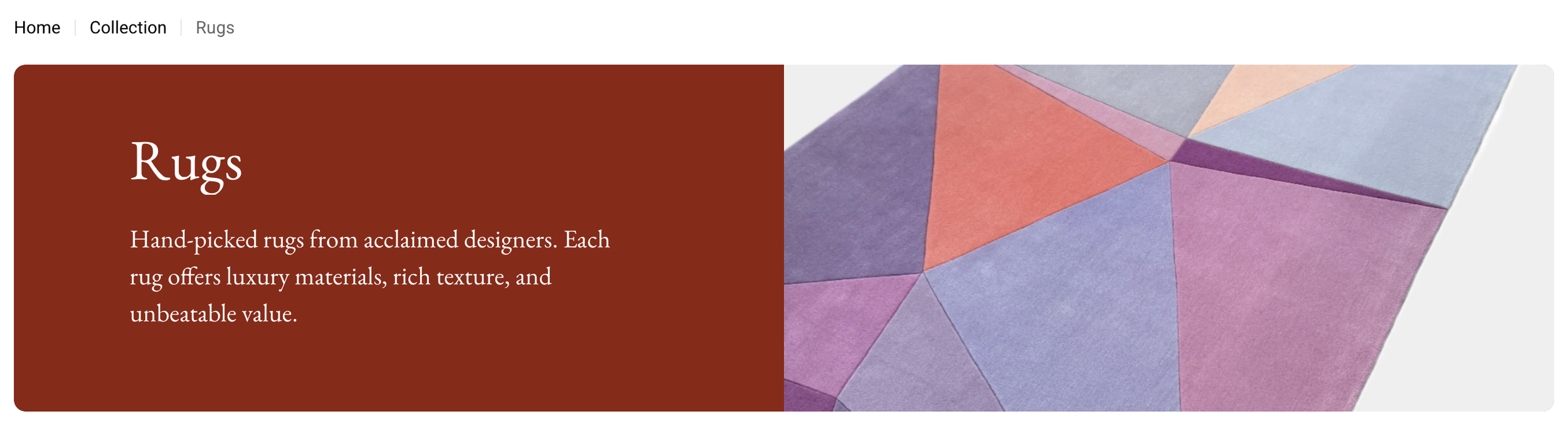 Image of a website section showcasing a collection of rugs, with a focus on hand-picked rugs from acclaimed designers, featuring a background image of a geometric, colorful rug.