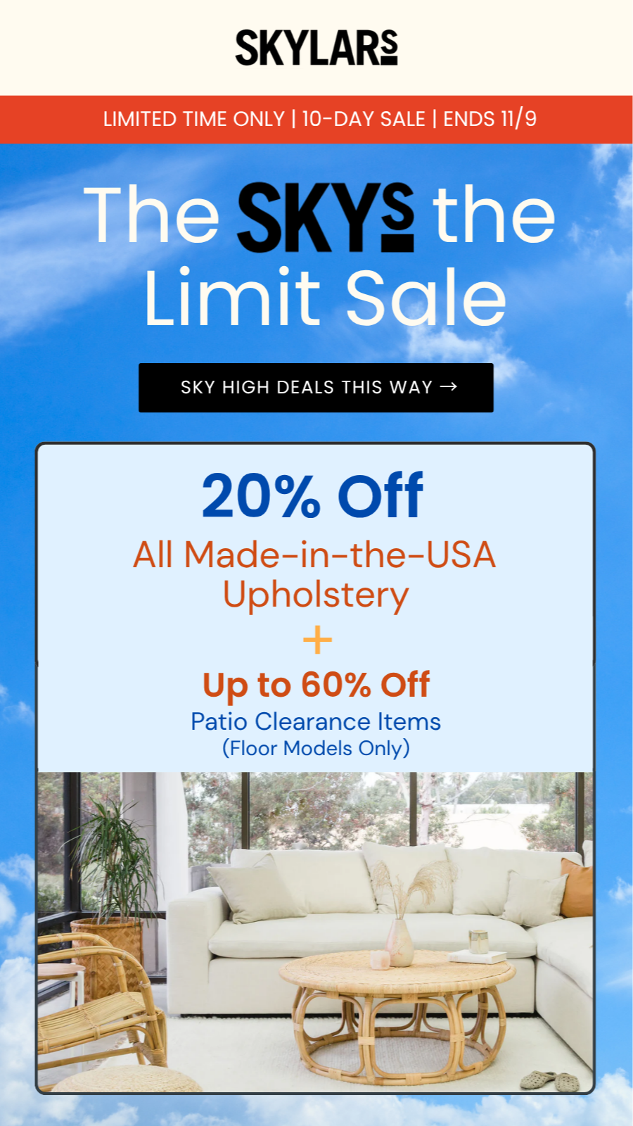SkyLars advertisement with a blue sky and clouds background, promoting a 10-day sale ending on February 9th, offering 20% off USA-made upholstery and up to 60% off patio clearance items, featuring a cozy living room with white sofa and rattan furniture.