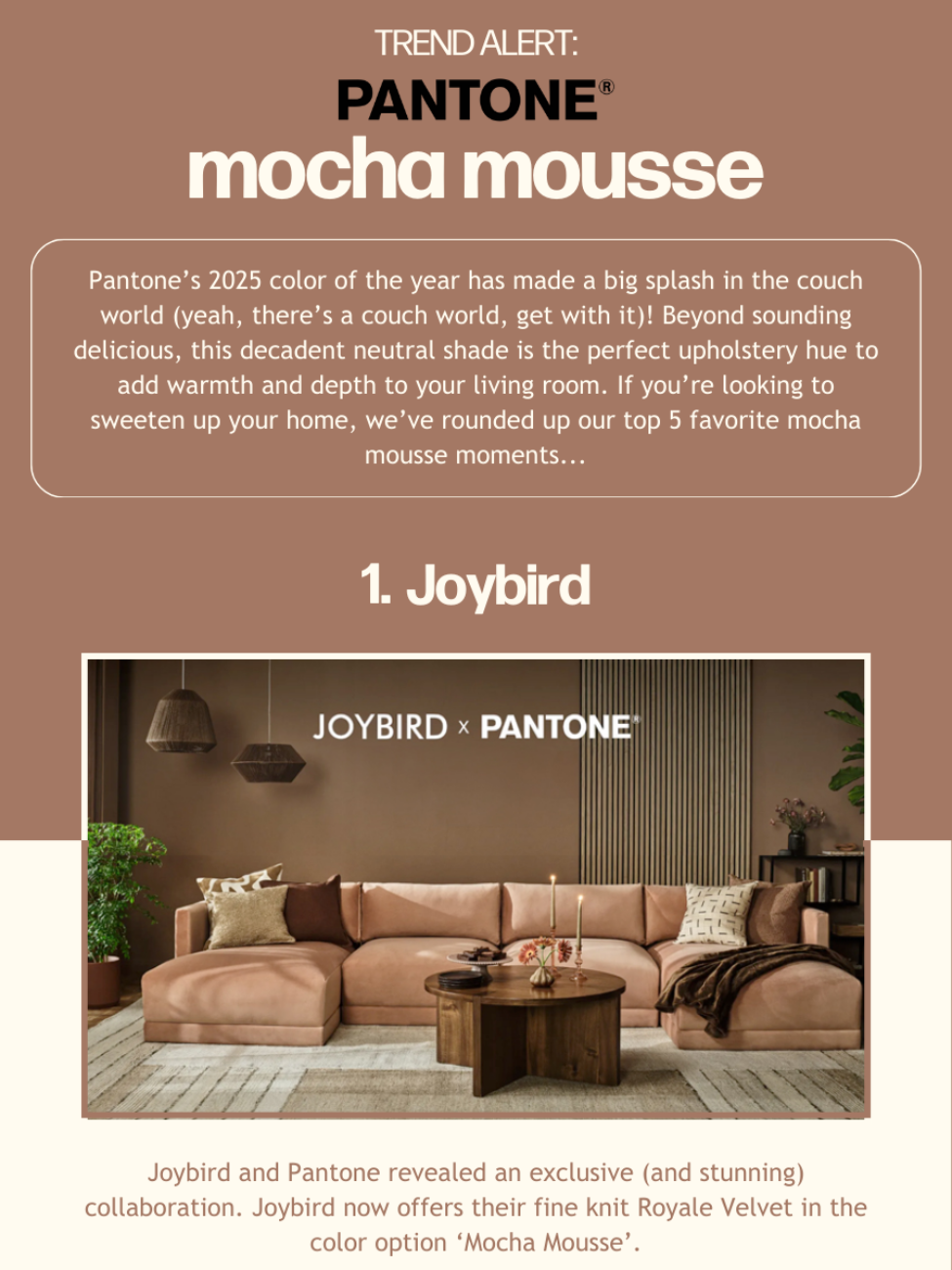 A promotional graphic for Pantone's 2025 color, Mocha Mousse, featuring a Living Room with a plush pink Joybird sofa in Mocha Mousse color, decorated with throw pillows and candles.