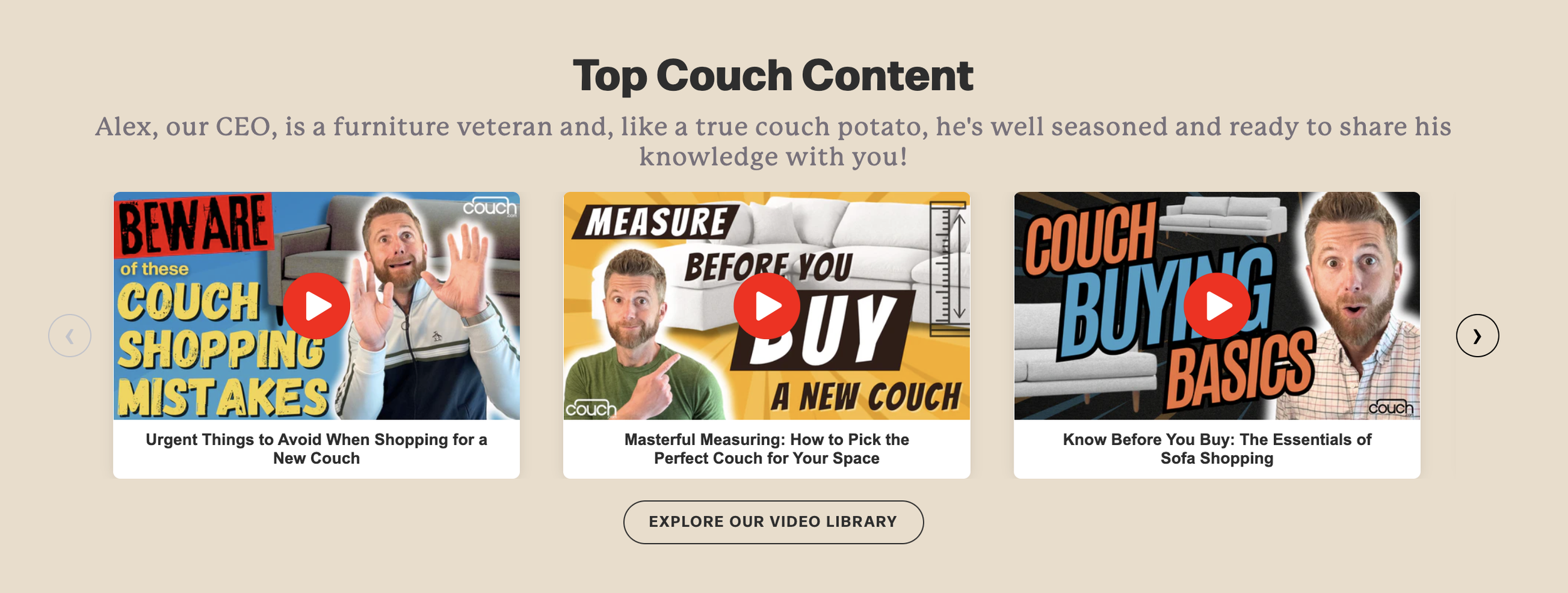 Three thumbnail videos about sofas and couch shopping, each featuring a man with a beard and short hair. The first thumbnail warns about couch shopping mistakes, the second is about measuring for a new couch, and the third covers sofa buying basics.