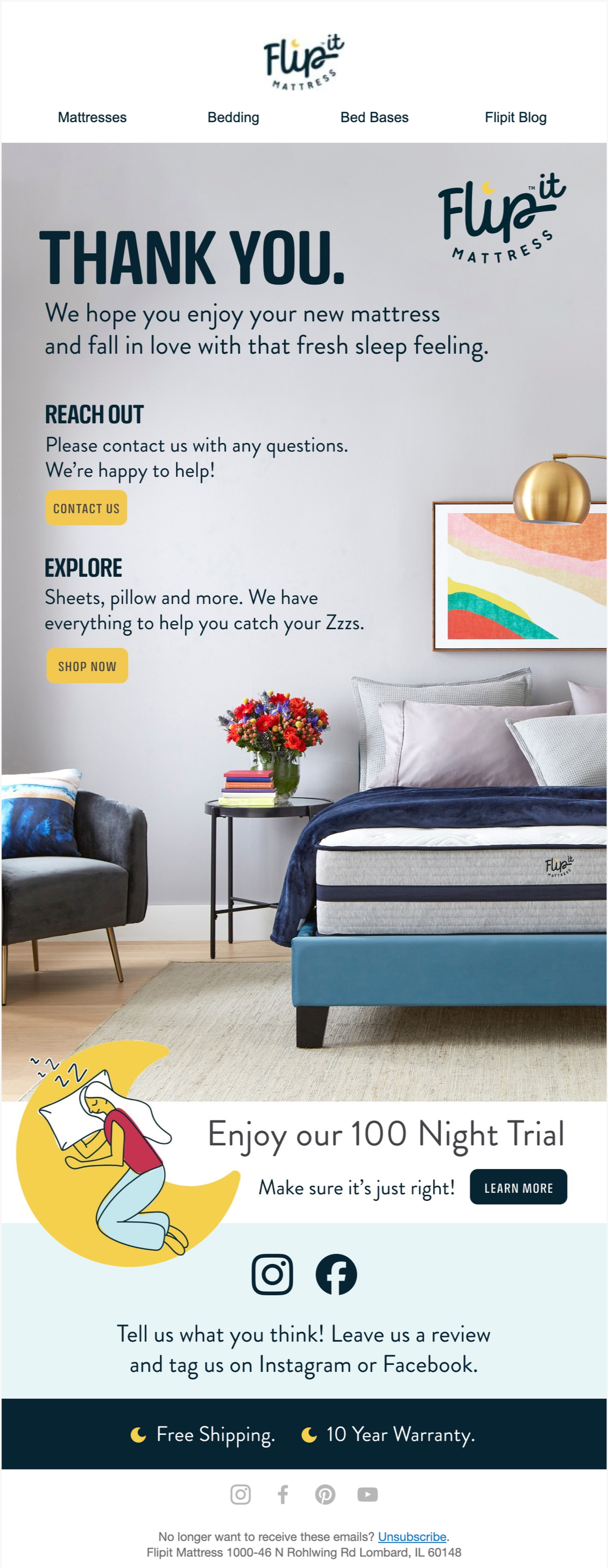 A promotional email for Flip It Mattress, showcasing a bedroom with a modern bed, colorful painting, and a side table with a flower arrangement. The email includes thank you message, contact options, and information about a 100-night trial with social media icons and subscription options.
