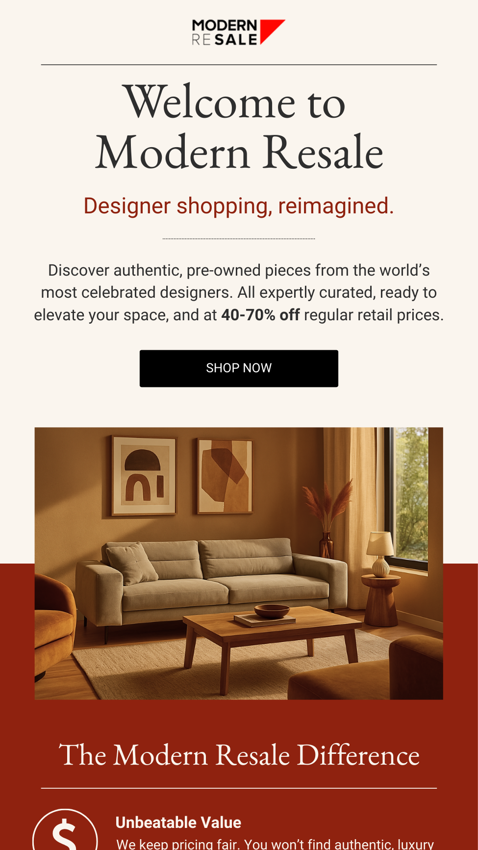 A promotional advertisement for Modern Resale featuring a cozy living room with a beige sofa, framed abstract artwork, a wooden coffee table, a side table with a lamp, and large windows with beige curtains, highlighting modern, affordable furniture.