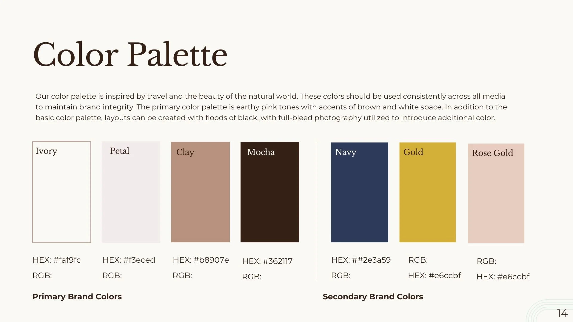 A color palette titled 'Color Palette' with primary colors including Ivory, Petal, Clay, Mocha, Navy, Gold, and Rose Gold, each shown as vertical swatches with corresponding hex and RGB codes.
