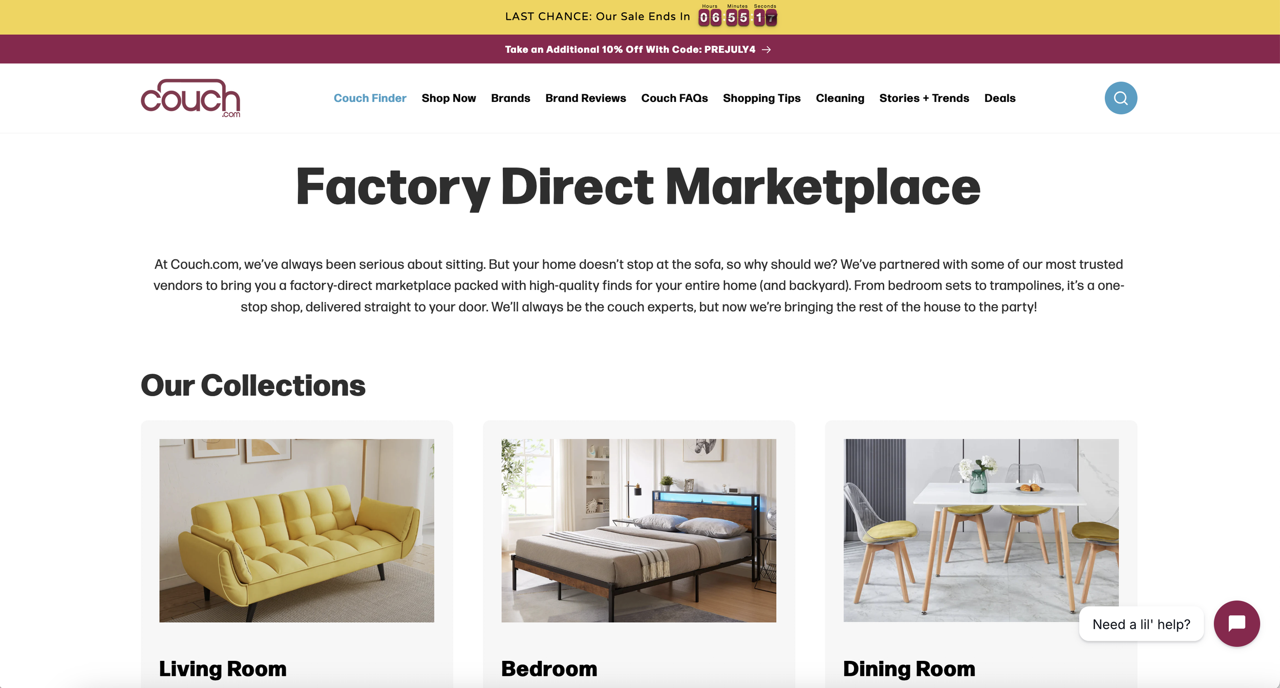 Screenshot of Couch.com home page promoting furniture with a sale ending soon, and featuring categories like Living Room, Bedroom, and Dining Room furniture.