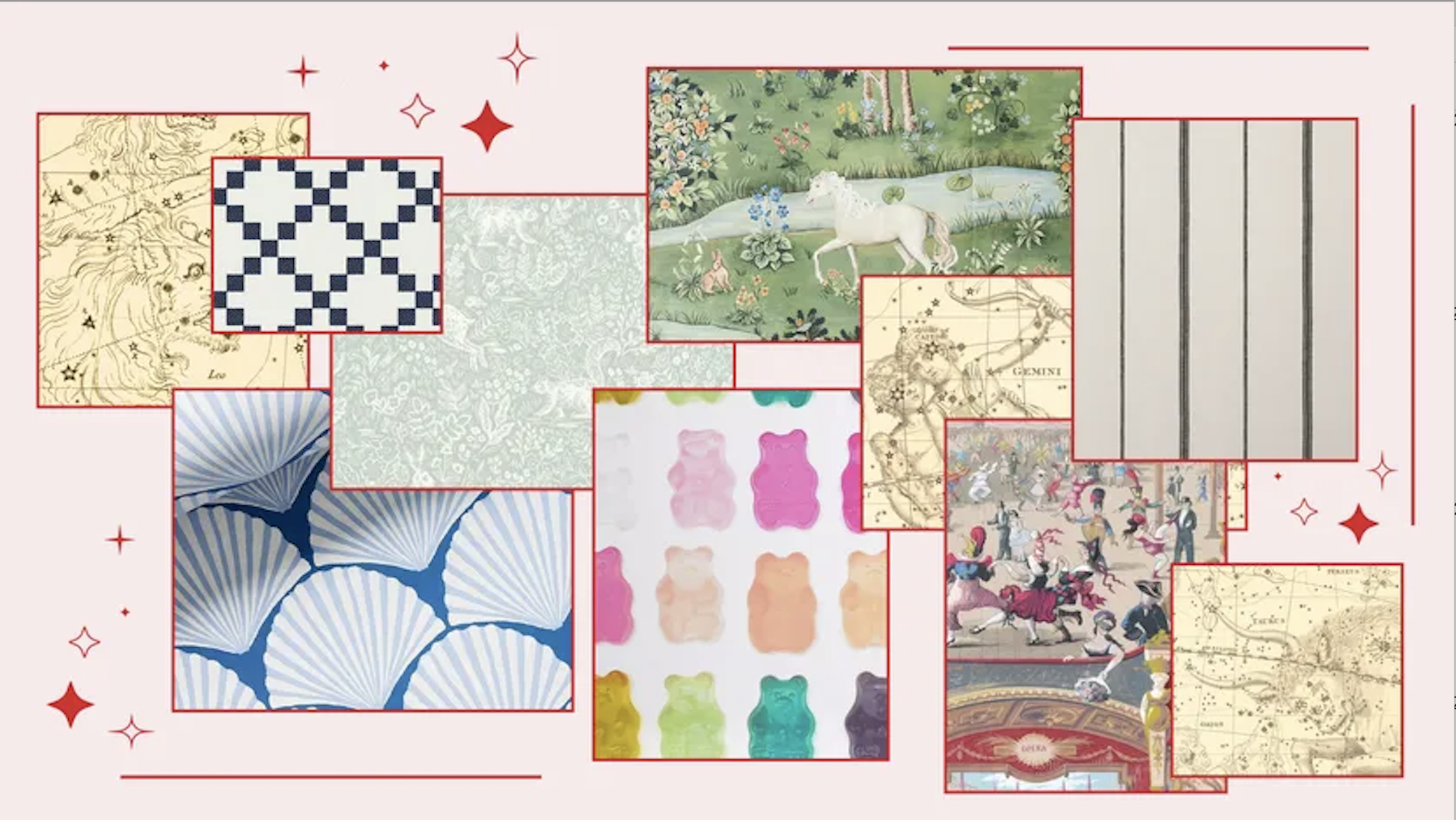 A collage of various colorful and patterned images including a mythological map, a pixel art design, a scenic pasture with a unicorn, watercolor pastel clouds, a star constellation, a ballroom dance scene, and tropical scenery.