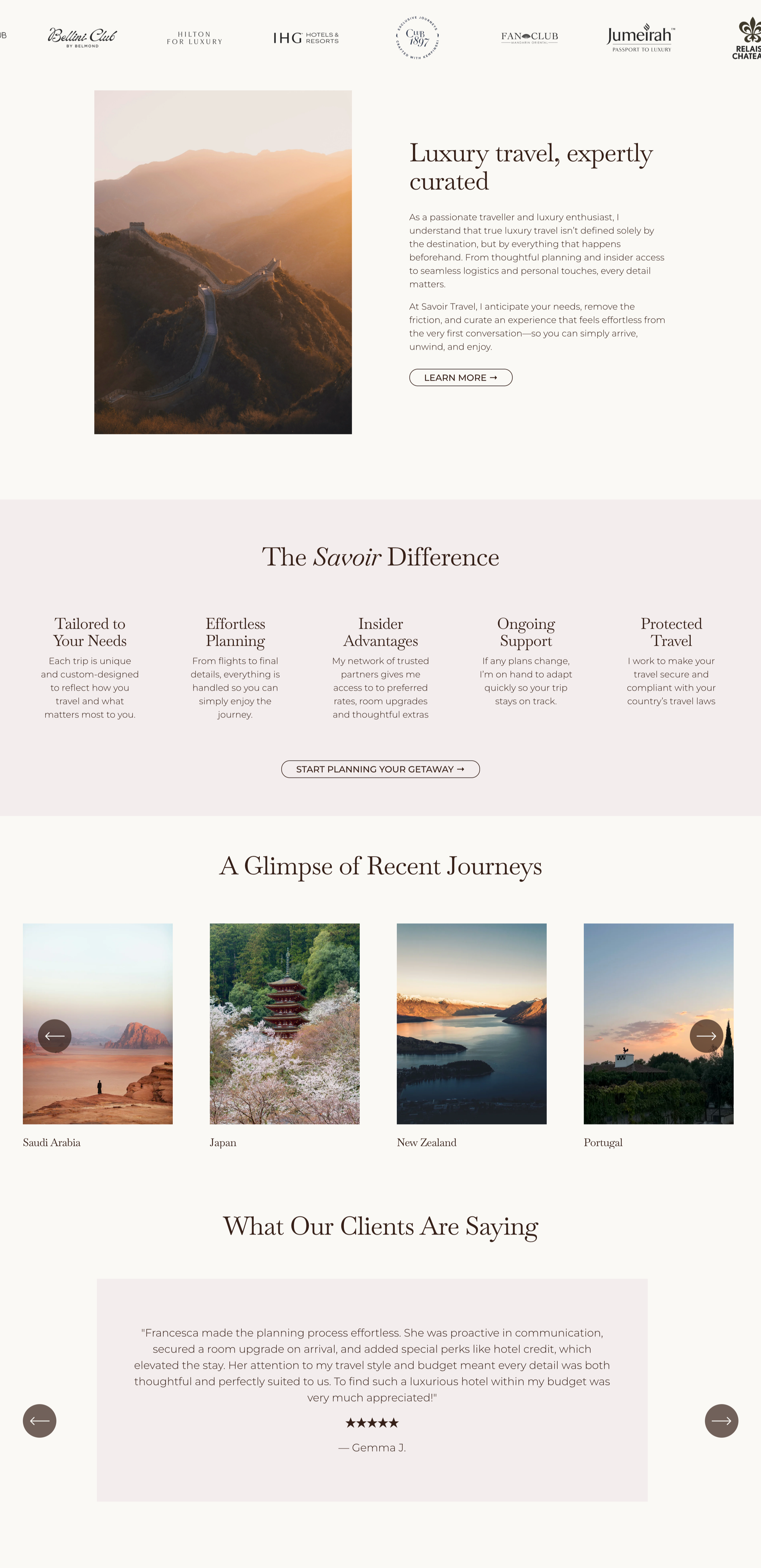 Website homepage for luxury travel planning service featuring a large header image of the Great Wall of China at sunset, with logos of hotel chains and travel brands at the top, sections about customized travel experiences, recent journeys in various countries, and client testimonials.