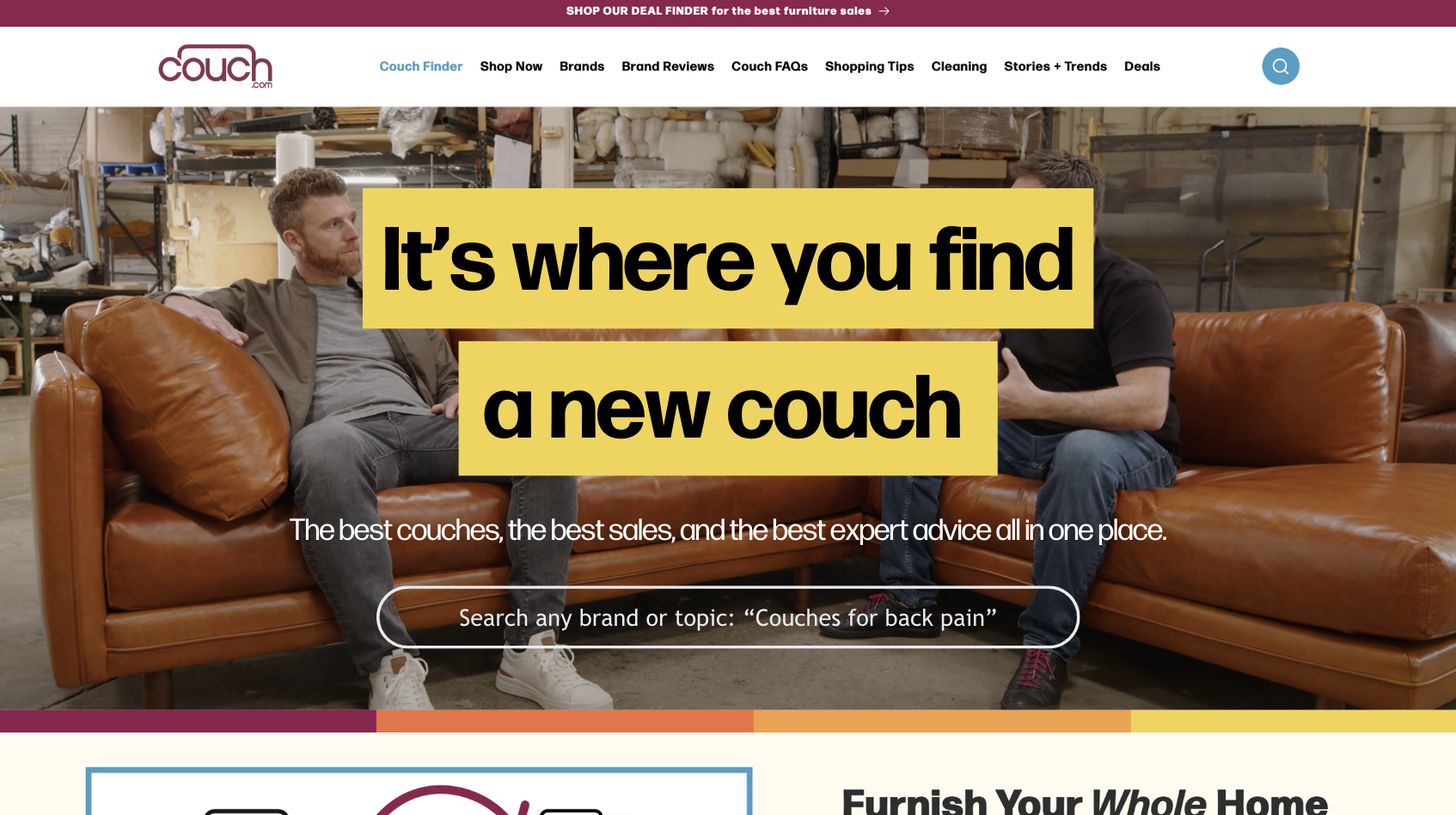 Two men sitting on a leather couch in a warehouse, talking. Overlaid text says, "It's where you find a new couch."