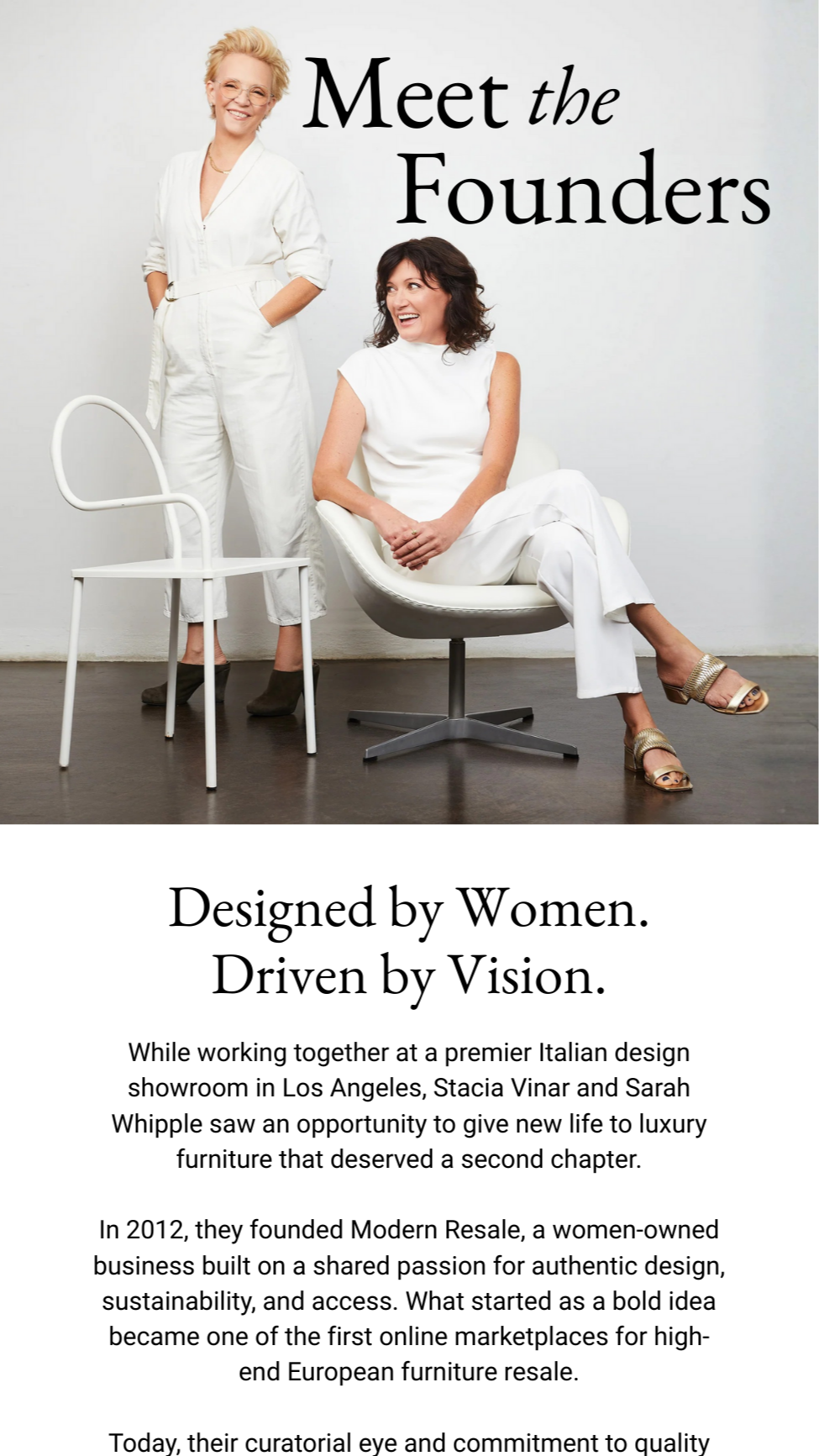 Two women, one seated in a white modern chair and the other standing with hands in pockets, pose for a photo in a minimalist setting. The text reads: "Meet the Founders" and information about a business called Modern Resale, founded by women in Los Angeles.