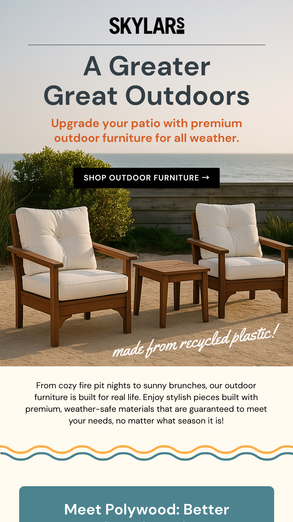 An outdoor scene with two wooden armchairs with white cushions and a small wooden table between them, facing the ocean with a clear sky.
