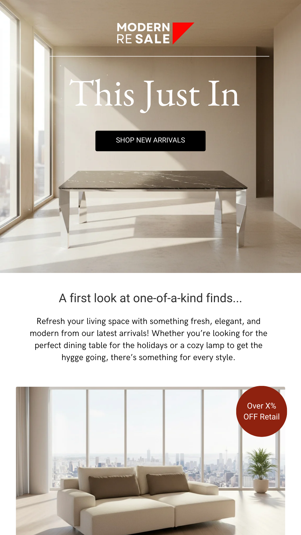 Advertisement for modern furniture and home decor featuring a marble dining table with metallic legs and a beige sofa in a high-rise apartment with large windows, city view, and potted plants.