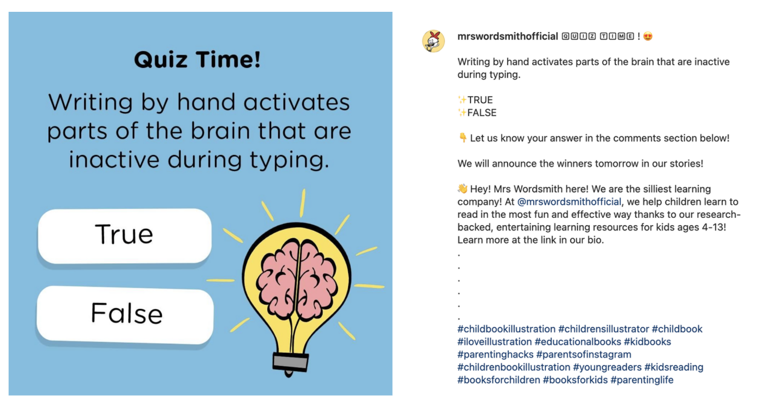 Quiz question about whether writing by hand activates inactive parts of the brain, with options 'True' and 'False,' accompanied by an illustration of a brain inside a light bulb against a blue background.