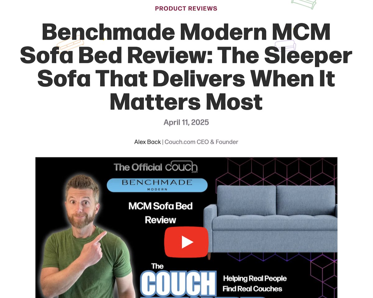 2025 review of Benchmade Modern MCM sofa bed featuring a man pointing to a light blue sofa against a dark patterned background, with YouTube play button overlay.