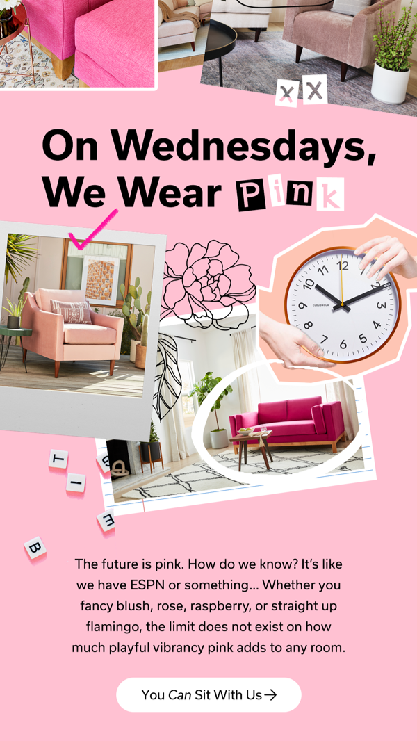 Pink and beige furniture, a clock, and decorative elements in a room with text about wearing pink on Wednesdays and the color pink in interior design.