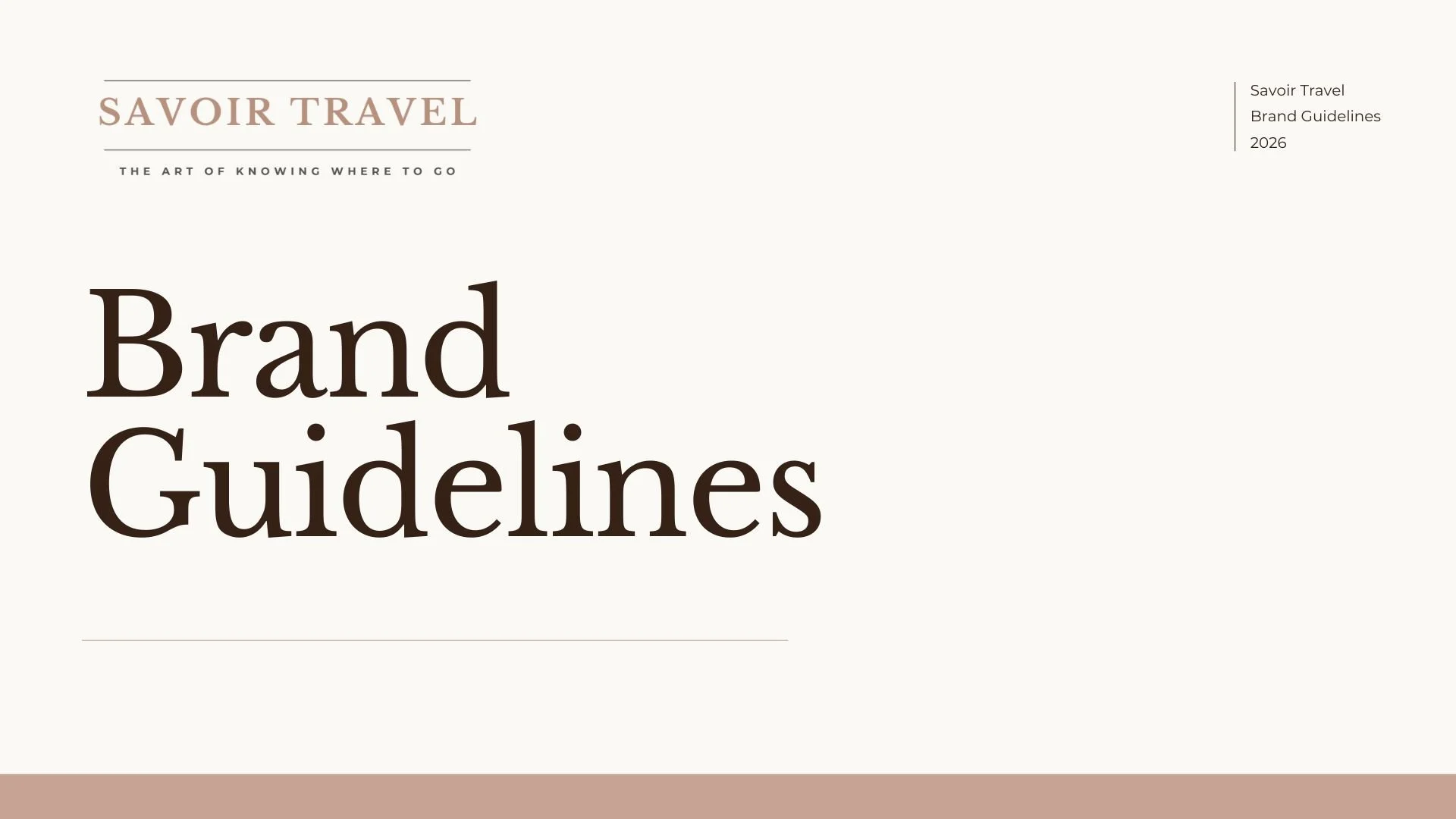 Cover page of a travel brand guidelines document with the title 'Savoir Travel' and subtitle 'the art of knowing where to go', featuring a large text 'Brand Guidelines' in the center.