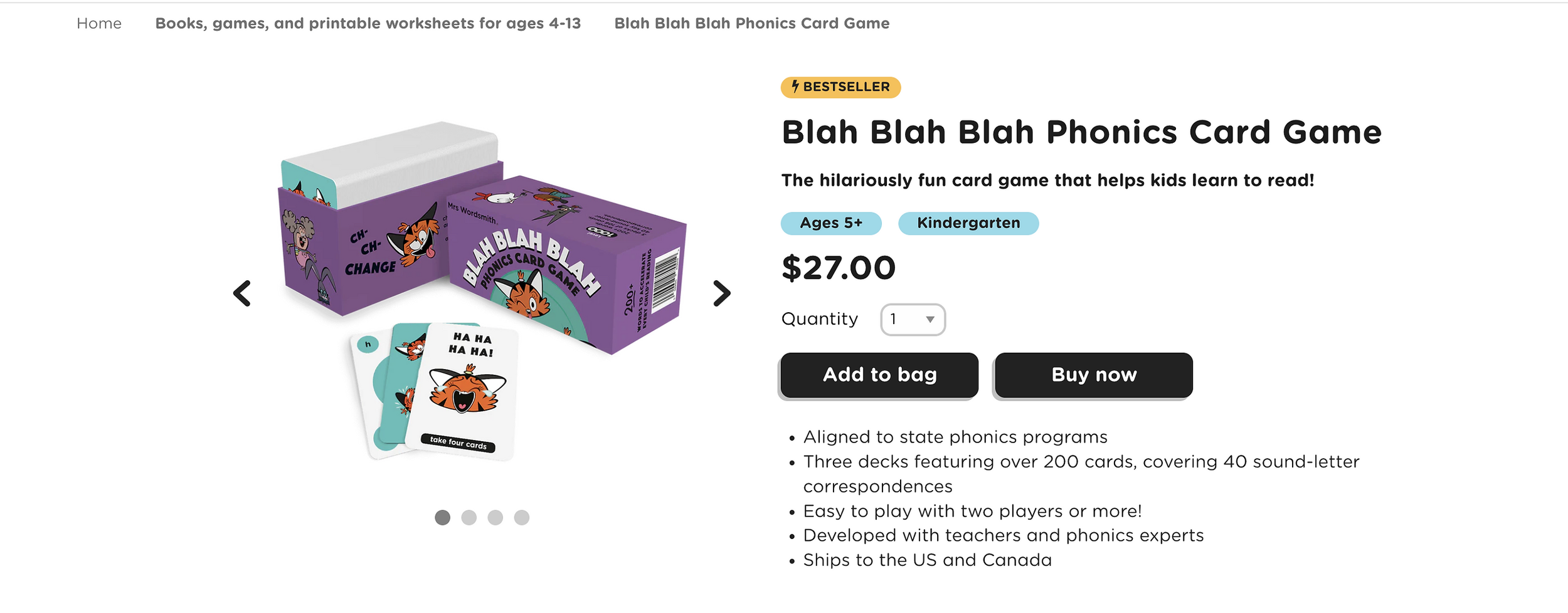 Screenshot of a product page featuring a card game titled "Blah Blah Blah Phonics Card Game," displaying a purple box with cartoon animal characters and sample cards. The page includes product details such as price ($27.00), age suitability (5+), and options to add to cart or buy now.