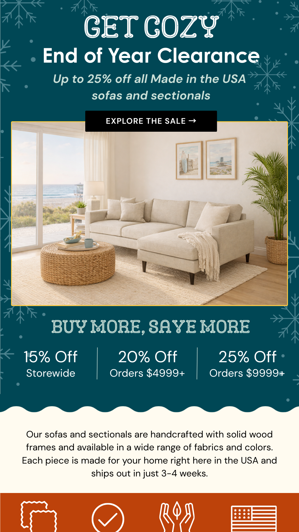 A cozy living room with a beige sofa, framed beach photographs, a large potted plant, a woven ottoman with a tray, and a glass door leading to an outdoor view of the beach and ocean during daytime.