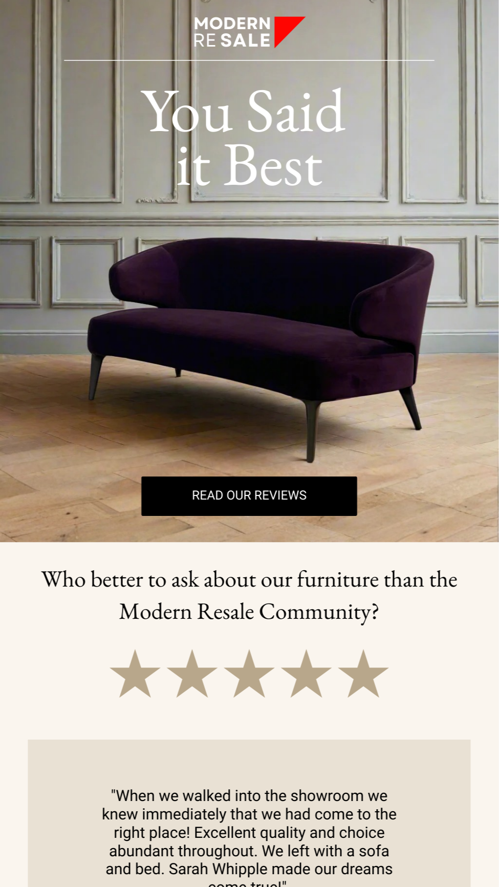 A black velvet sofa with angled legs in a room with beige hardwood floors and decorative wall paneling. The image is part of an online furniture sale advertisement titled 'You Said it Best' with a 'Read Our Reviews' button and a five-star rating.