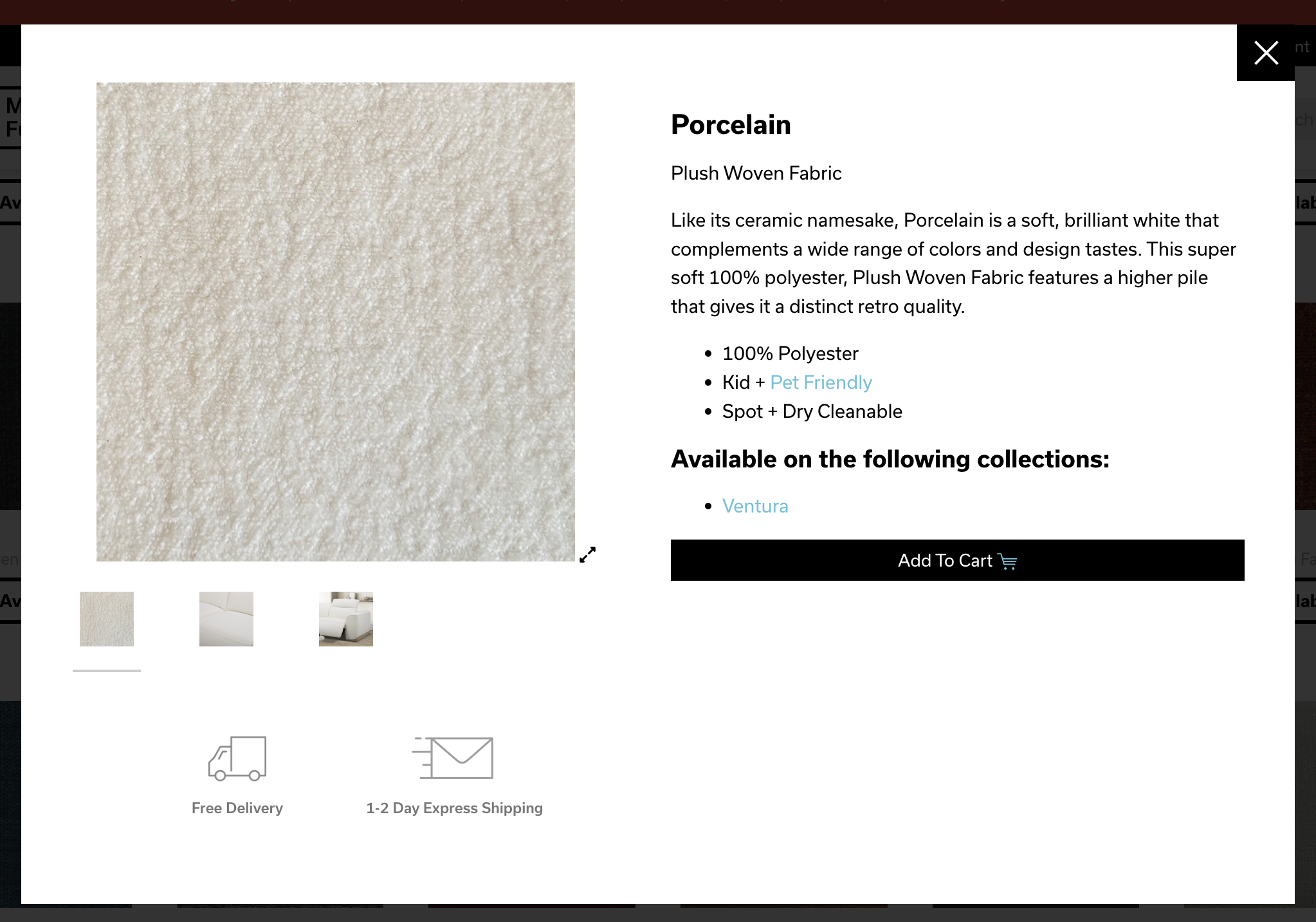 A webpage displaying a fabric sample called Porcelain. The fabric has a plush woven texture in a soft white or cream color. There are product details mentioning that it is 100% polyester, kid and pet friendly, and spot and dry cleanable. Additional sections show related collections and purchasing options.