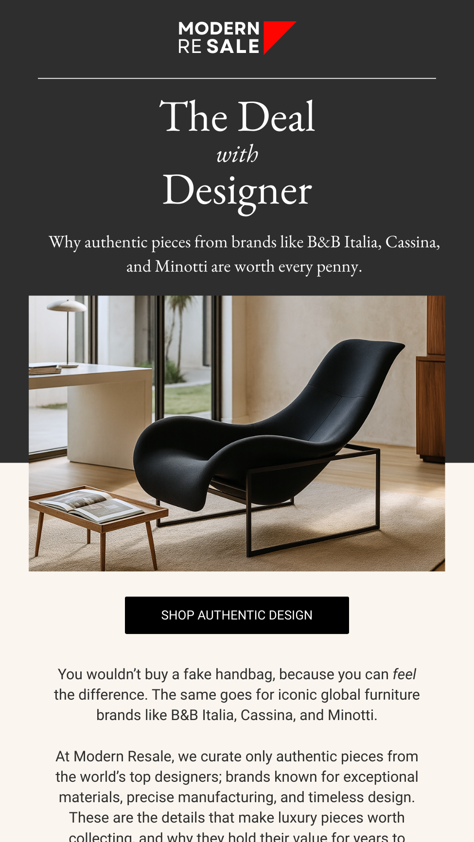 A modern furniture advertisement featuring a black designer lounge chair in a well-lit room with large windows, a side table with an open magazine, and a minimalist decor style.