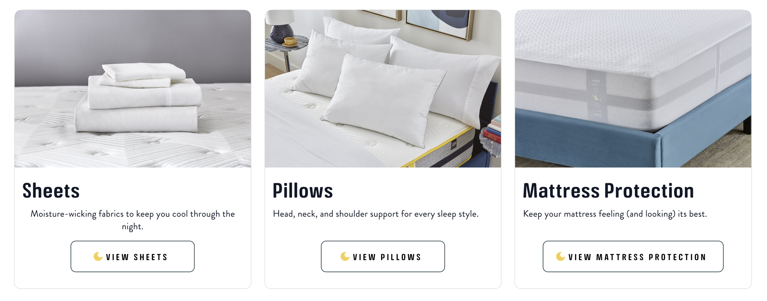 Three sections displaying bedding essentials: Sheets with folded white sheet sets on a bed, Pillows with white pillows on a bed near a bedside table with books, Mattress Protection showing a close-up of a mattress with a blue bed base.