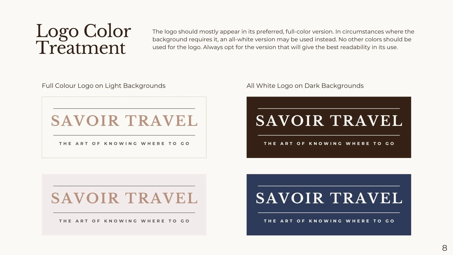 A webpage displaying different logo color treatment options for 'Savoir Travel', showing full-color logos on light backgrounds and all-white logos on dark backgrounds, with descriptive text about logo usage.