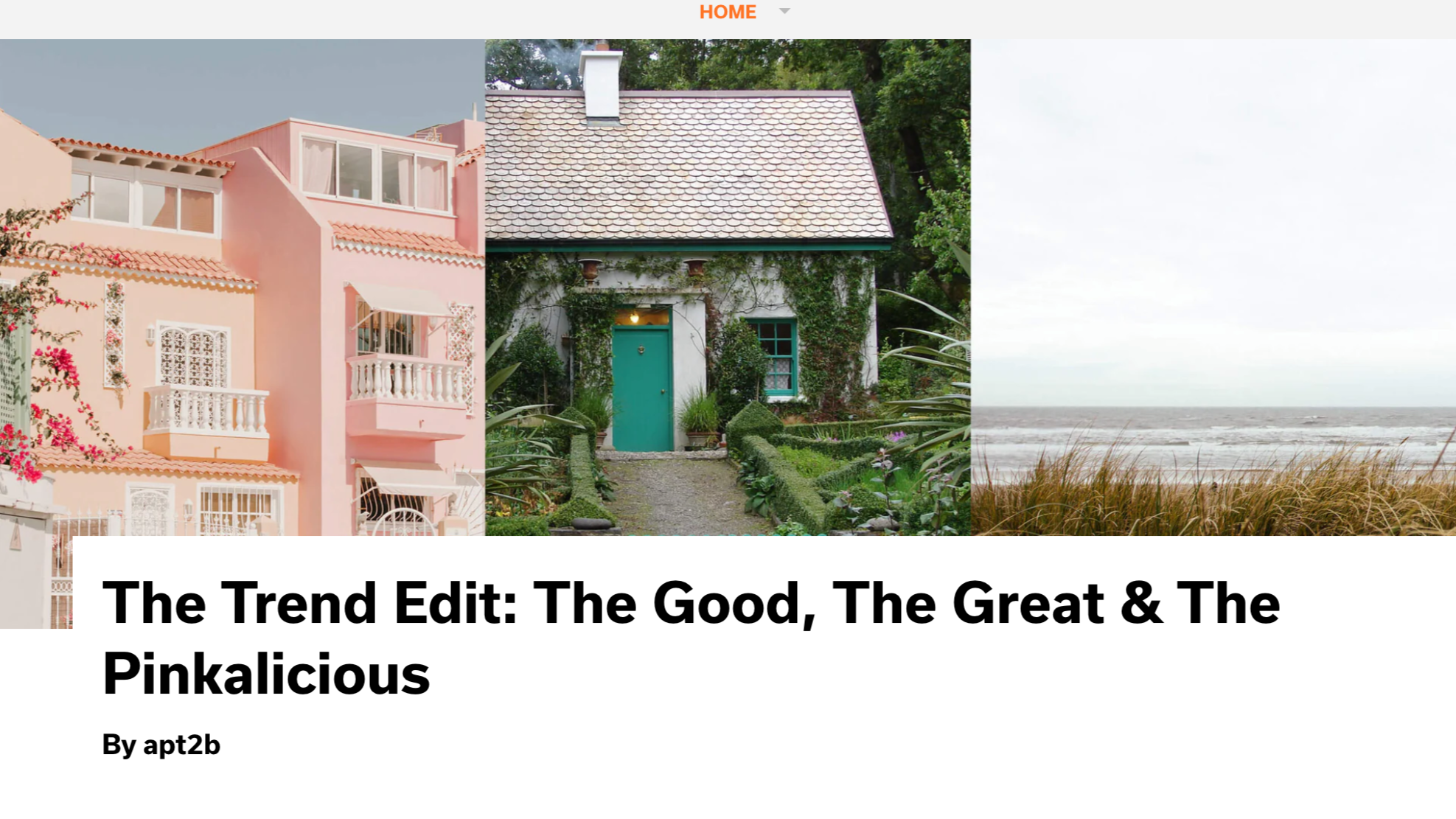 Triptych of three different houses and a coastal landscape. The first image shows a pink modern house with white balconies and decorative tiles. The second is a small white cottage with a gray tiled roof, surrounded by greenery and a pathway. The third is a view of a coastline with grassy dunes and the ocean under a cloudy sky.