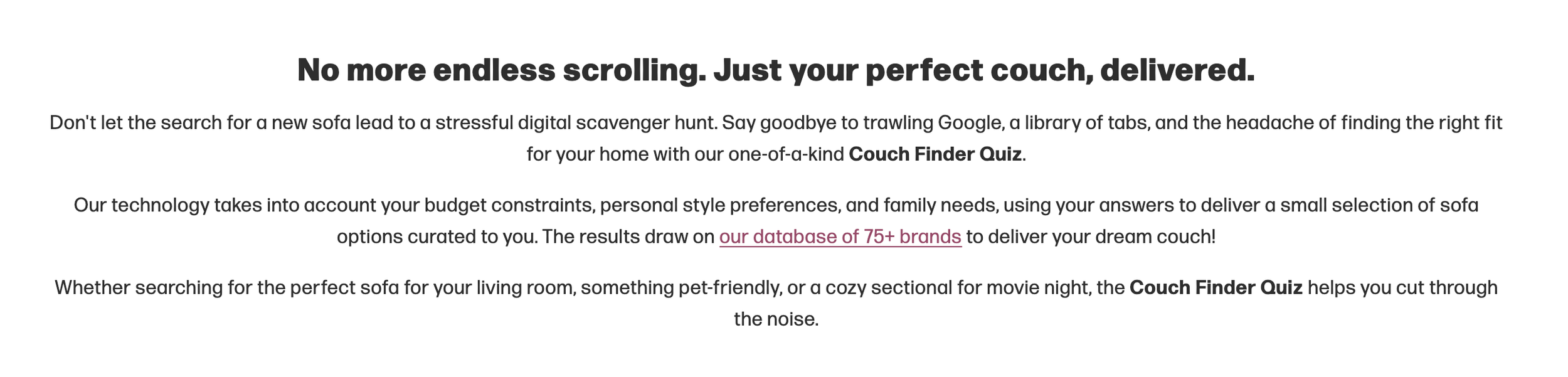 Advertisement for a couch finder quiz that helps select sofas based on budget, style, and needs, highlighting their database of 75+ brands.