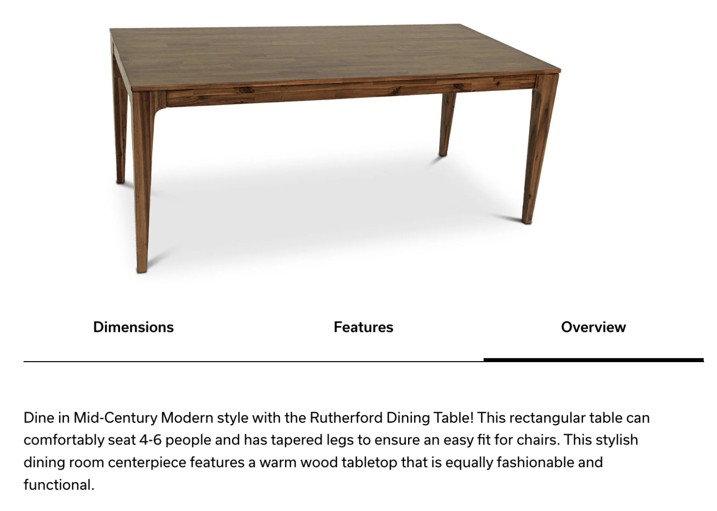 A wooden rectangular dining table with tapered legs, in a mid-century modern style, set against a white background.