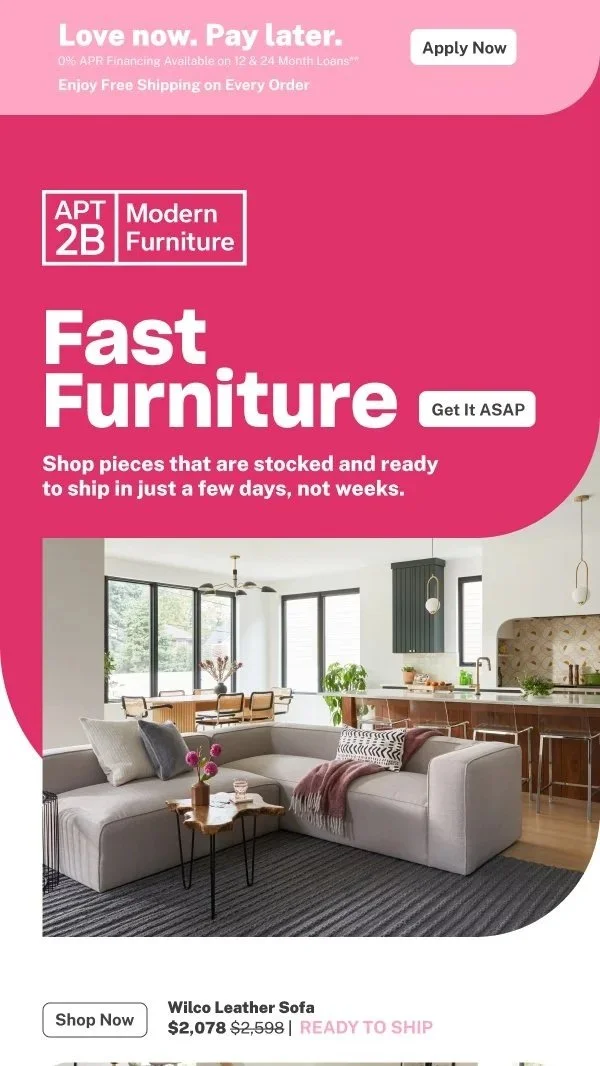 An advertisement for fast furniture from Modern Furniture, featuring a spacious living room with a gray sectional sofa, a small wooden side table with flowers, large windows, and modern decor.