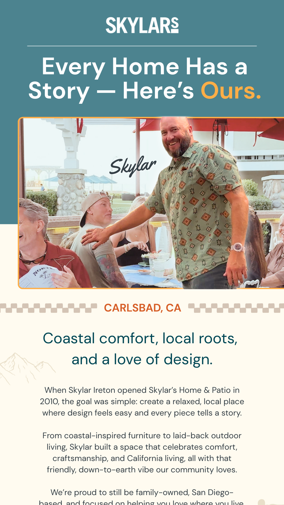 A promotional flyer for Skylar in Carlsbad, California, featuring a photo of a smiling man in a patterned shirt at an outdoor gathering, with a beachside background and informational text about the business's focus on coastal comfort, local roots, and design.