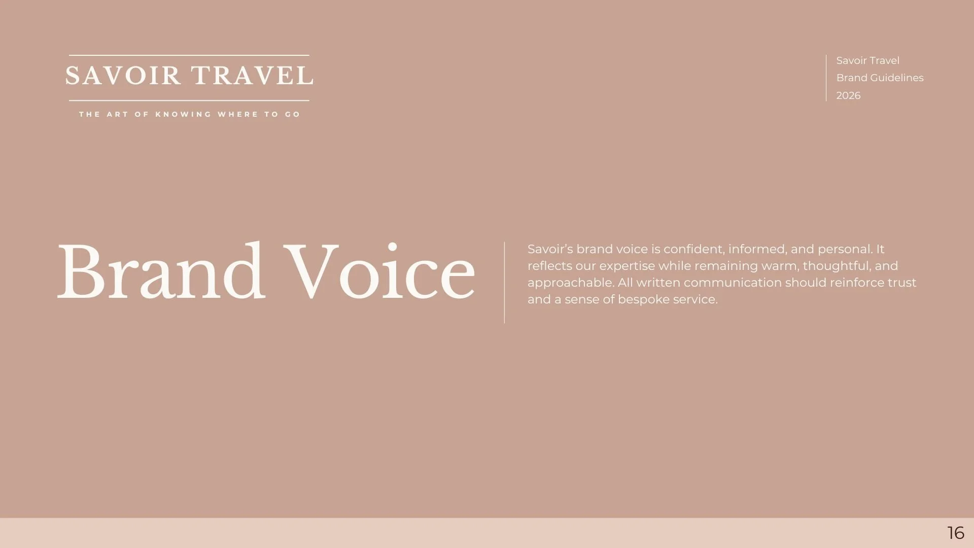 Savoir Travel brand guidelines document cover page with beige background, titled 'Brand Voice' and subtitle describing confident, warm, thoughtful communication for 2026.
