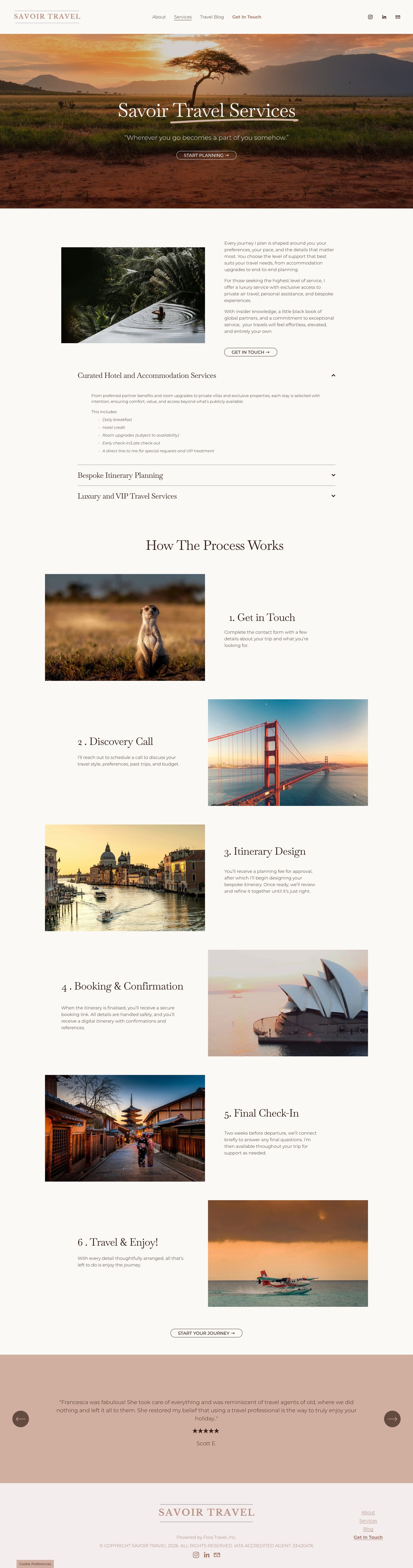 Travel website homepage for Savoir Travel Services with a large scenic background photo of an African savannah at sunset, and smaller images of a river and lamp, Golden Gate Bridge, Venice canal, Sydney Opera House, a street with traditional buildings, and a seaplane over water.