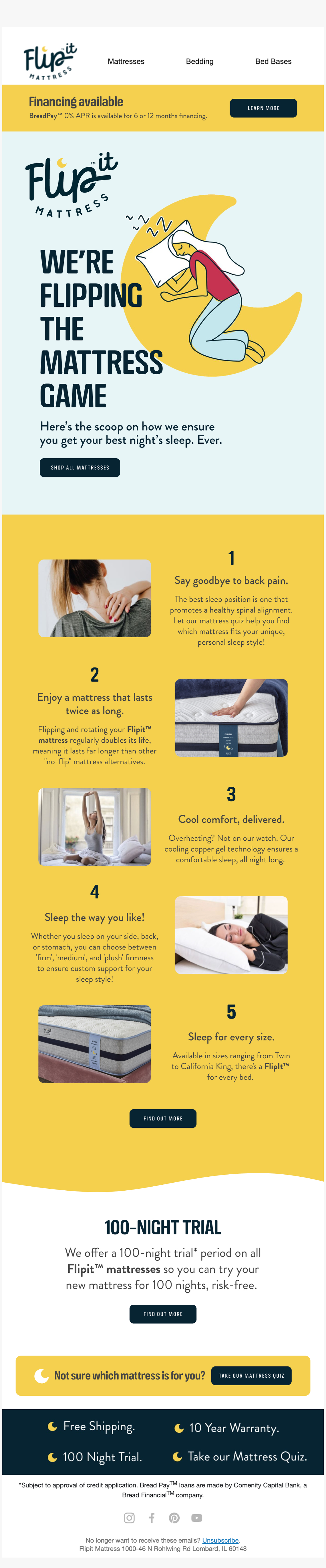 An advertisement for Flip it Mattress with a woman cuddling a pillow, promoting mattress flipping for better sleep. Features sections on goodbye to back pain, mattress longevity, cooling comfort, customizable sleep, and size options. Highlights a 100-night trial, free shipping, and a mattress quiz.