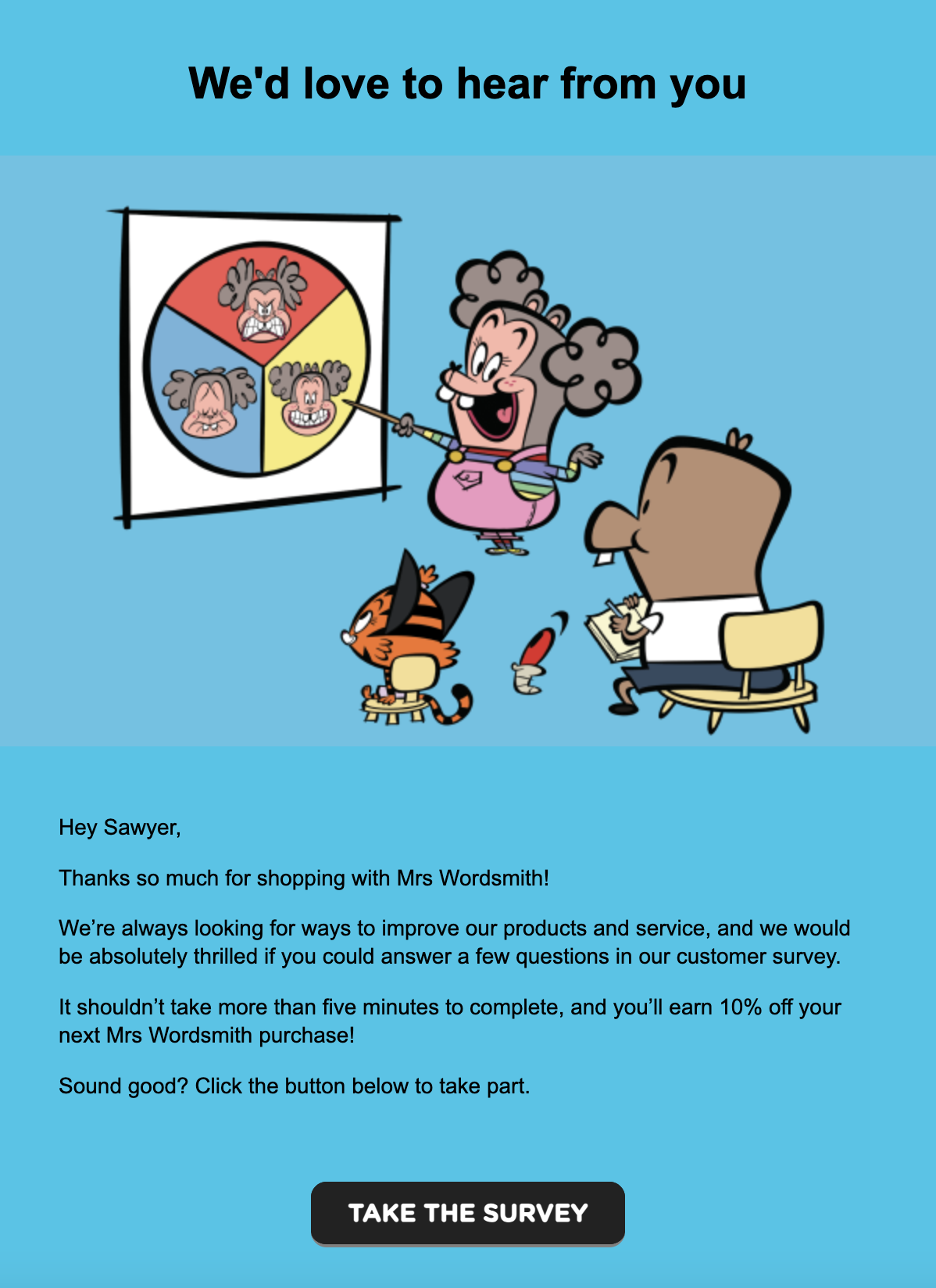 Cartoon scene of a woman giving a presentation about emotions with a pie chart featuring angry, sad, happy, and confused faces, while she gestures with a pointer. A man and a cat listen, with the man taking notes and the cat sitting on a small chair.